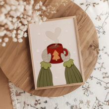 plakat z kubkiem gorącej czekolady urocze zimowe dekoracje